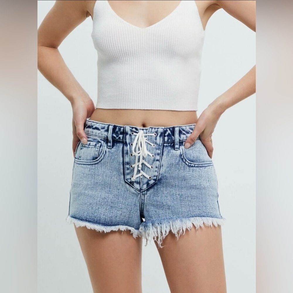 PacSun High Rise Festival Lace Up Denim Shorts Light Wash Blue Size 25